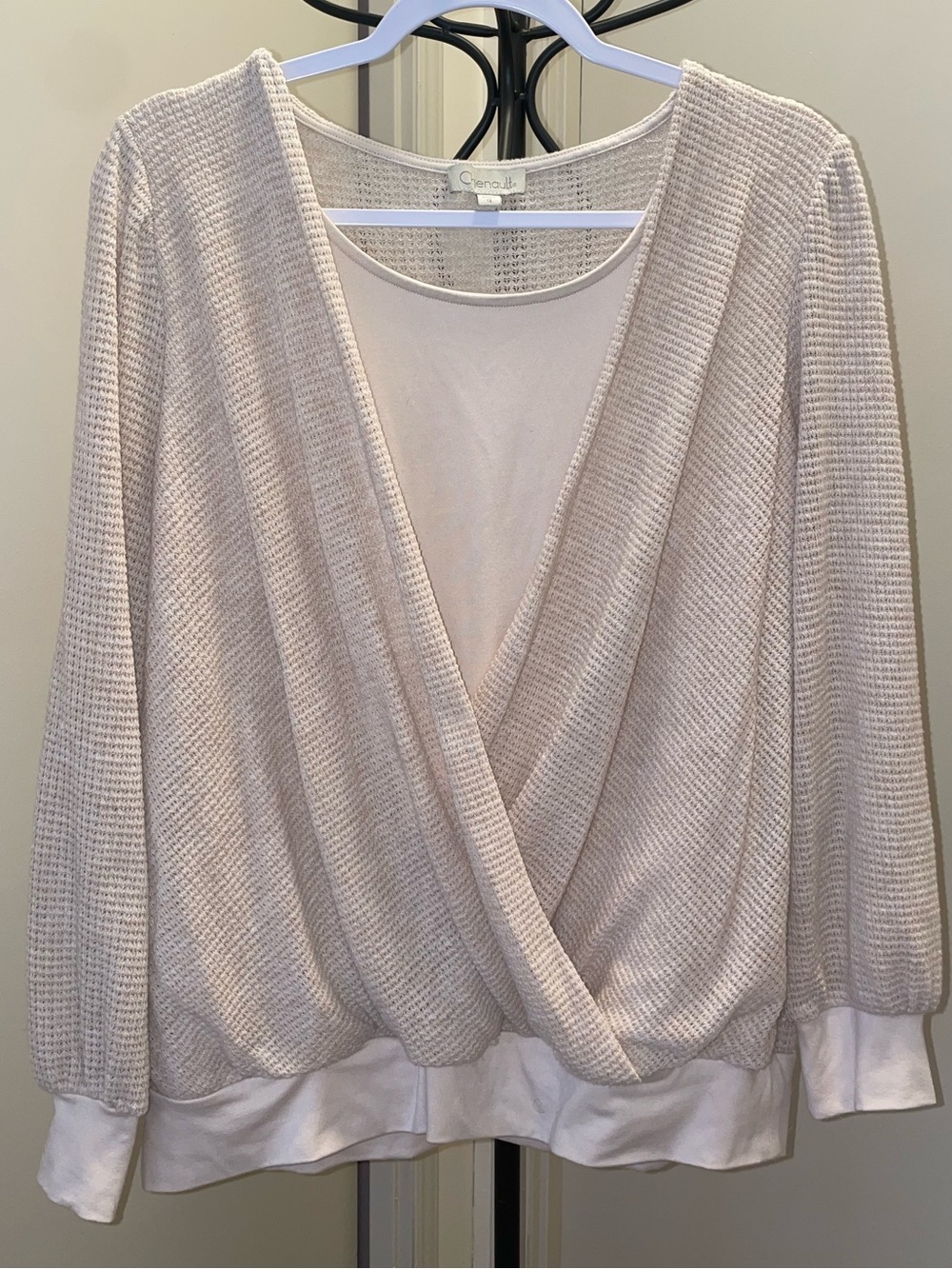 Chenault Cream Waffle-Knit V-Neck Draped Sweater